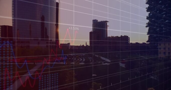 Sun dipping behind mid-rise causing grid fading in, camera panning as line graphs showing markets