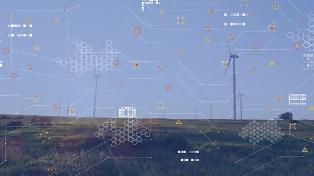 On frame two HUD overlay appearing over wind turbines, forming hex grid and showing data