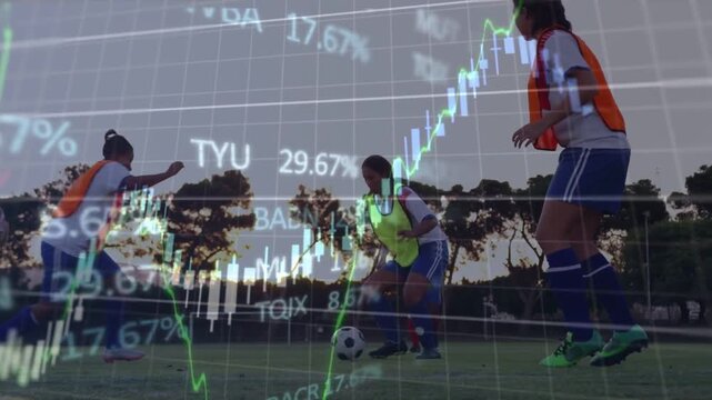 After pass yellow attacker dribbling, defenders closing, falling, market charts overlaying practice