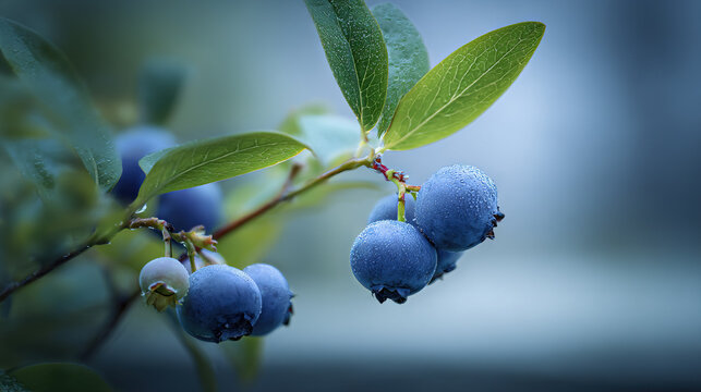 Fresh blueberries with dew-covered leaves in soft light