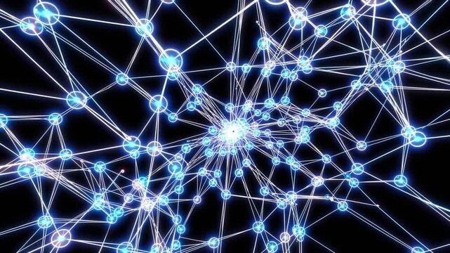 Electric neural network web glowing nodes across dark background, pulsing signals and luminous links creating dense connectivity map, visualization used by ai researchers for data topology analysis