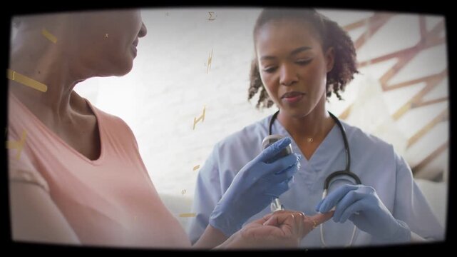 Nurse bringing lancet to patient's fingertip, taking blood for health, gold overlay obscuring hands