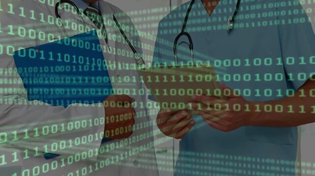 Two MDs tilting tablet, reviewing medical data, checking blue folder, green binary overlay covering