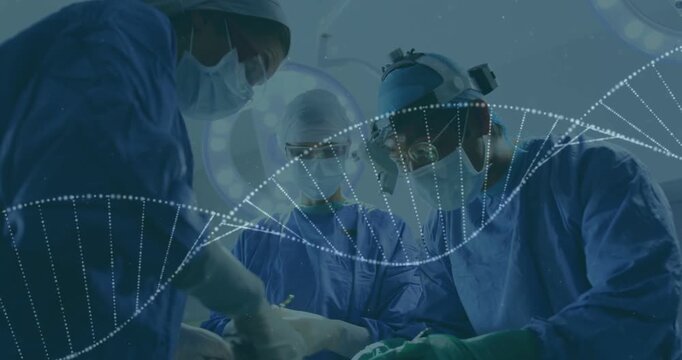 Particle overlay appearing, surgical team handling tools while DNA helix forming for genetic focus