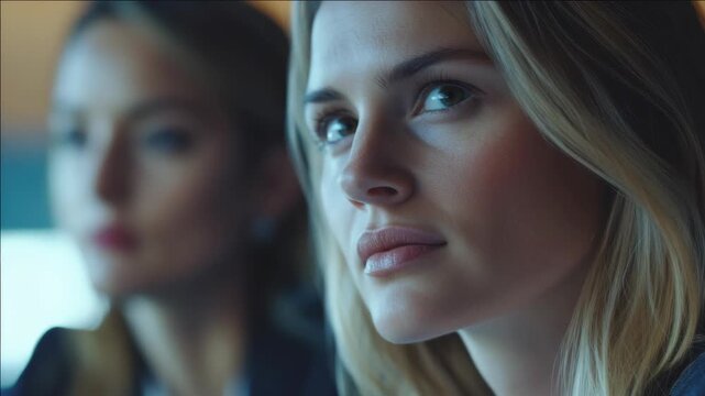 Two women in a scene, looking towards the camera with serious expressions.