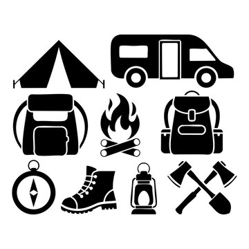 Camping Outdoor Icons and Equipment Set - Tent RV Backpack Campfire Compass Lantern Boots Axes. Ai Generated Vector