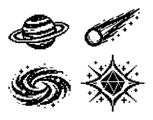 Obraz premium Pixel icons set representing cosmic elements including Saturn, a shooting comet, a spiral galaxy, and a shining star in black and white