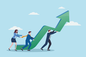 Fototapeta premium Business team collaboratively pushing a large green arrow upwards toward success