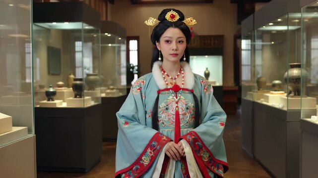 A woman in Hanfu looks at a museum in ancient costume