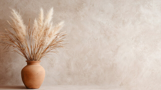 Pampas Grass in a Terracotta Vase Against a Textured Wall