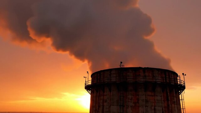 Industrial smokestack billowing smoke into a fiery orange sunset sky, creating pollution and environmental concern