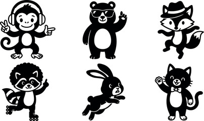 Naklejka premium Black and white cartoon animals with accessories including monkey headphones and fox hat