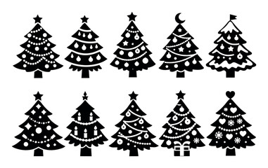 Obraz premium Collection of decorated Christmas trees in black silhouette style, perfect for winter holiday and festive season designs