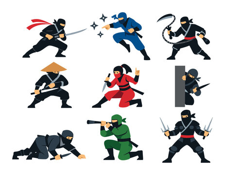 Ninja characters striking dynamic poses with an array of weapons including swords, shuriken, sai, and kusarigama