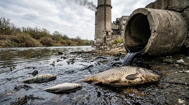Industrial wastewater discharge causing fish death in polluted river highlighting ecological damage and urgent environmental protection crisis