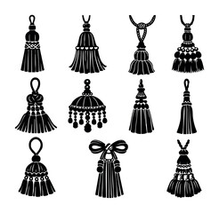 Fototapeta premium Collection of black tassels silhouettes, elegant decorative elements for vintage and rich ornamental designs illustrating fringe and rope