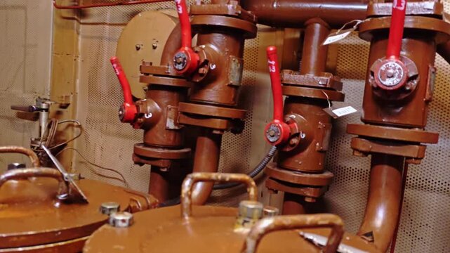 Detailed closeup of redhandled valve assemblies and drums, mechanic role implied disassembling seals, replacing gaskets and testing flow as part of routine service and quality assurance