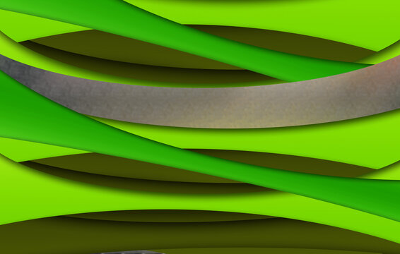 Vibrant green curved shapes with metallic silver element abstract design with layered lime green and olive tones