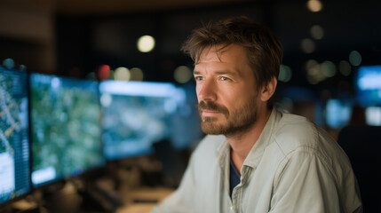 Obraz premium IT security analyst restores encrypted server data on multiple monitors following cyber attack in dimly lit emergency operations center, ideal for cybersecurity, data recovery, and modern business c
