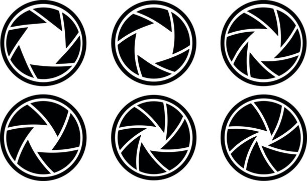 Black aperture shutter icons set with six blades in circle shape
