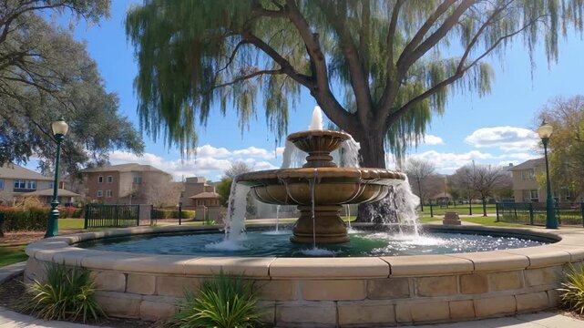 Park fountain and weeping willow landscape City park fountain landscape
