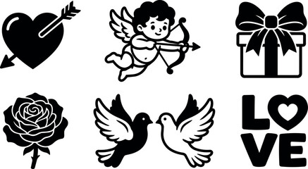 Fototapeta premium Black and white love symbols set with heart arrow cupid rose doves gift and text vector art