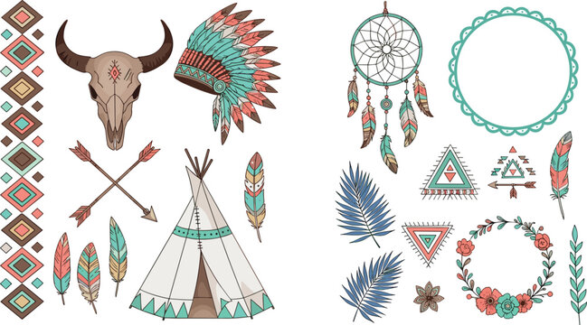 Native American, Boho, and Tribal Illustrations with Dreamcatcher, Feathers, Teepee, Skull, Arrows, and Geometric Patterns for Bohemian and Ethnic Designs