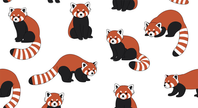 Seamless Pattern of Cute Cartoon Red Pandas in Various Poses, Hand-drawn Animal Design for Fabric, Wallpaper, and Kids Products