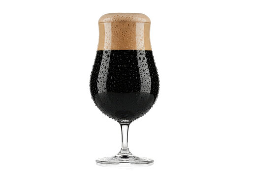A crystal tulip glass of cold dark craft beer with condensation and a thick creamy foam head on a glossy white background. Concept for beverage advertising