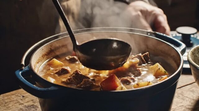 Chef ladling delicious homemade beef stew from a blue cast iron pot with vegetables and potatoes
