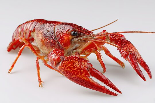 A vibrant image showcases a cooked crawfish, meticulously captured in vivid detail, inviting the viewer's gaze. The crustacean's reddish hue pops, hinting at delicious seafood.