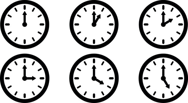 Black and white clock set showing different times vector art