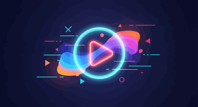 Neon play button on colorful background.
