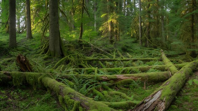 Overgrown temperate rainforest floor with numerous moss-covered fallen logs and tangled roots intertwined with lush green ferns bathed in diffused sunlight creating a wild and untamed natural