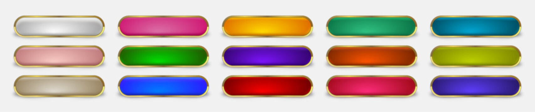 Glossy 3D Web Buttons Set with Gold Metallic Frames and Vibrant Gradient Glass Effect, Editable AI file