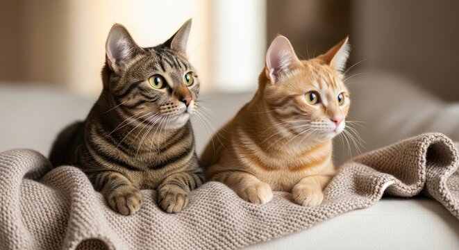 Two adorable cats sitting on a beige blanket looking sideways cats on blanket tabby cats feline frie
