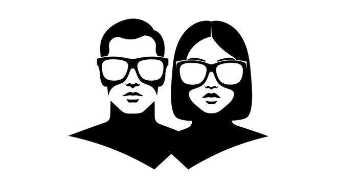 Black and white illustration of a man and a woman wearing stylish glasses.