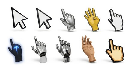 Fototapeta premium A collection of various computer mouse cursors and robotic hands pointing upwards or to the side on 