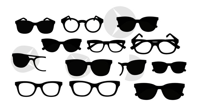 Collection of various eyeglasses and sunglasses silhouettes on a white background.
