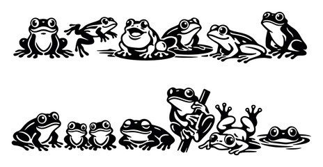 Obraz premium Frogs in a monochrome design featuring a diverse group of amphibians, including a smiling frog, on white background