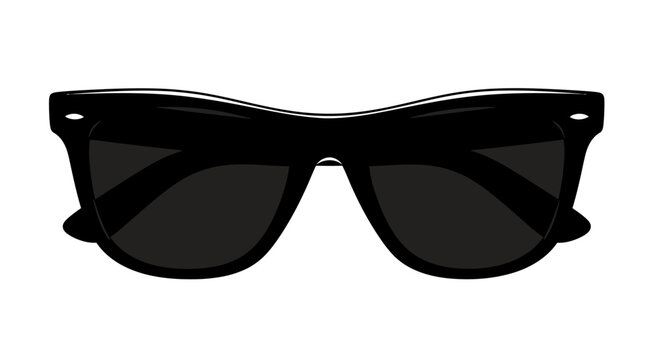 Classic black sunglasses with dark lenses on a white background.