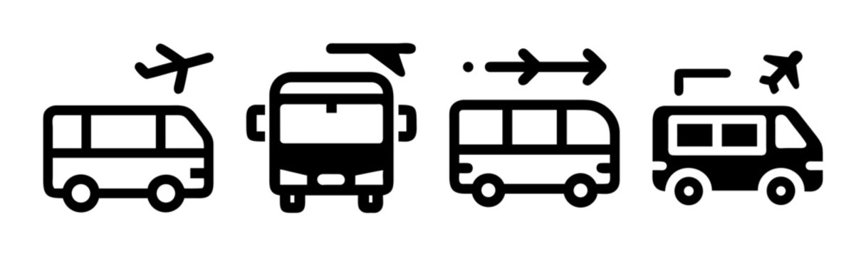 Airport shuttle bus icon set, black line art transportation symbols, airport transfer van and airplane silhouettes, 4 travel icons in SVG format