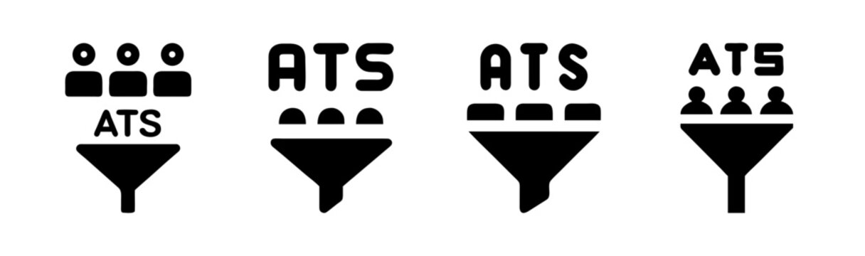 ATS applicant tracking system icons, recruitment funnel with candidate silhouettes, human resources software symbols, set of 4 black vector graphics