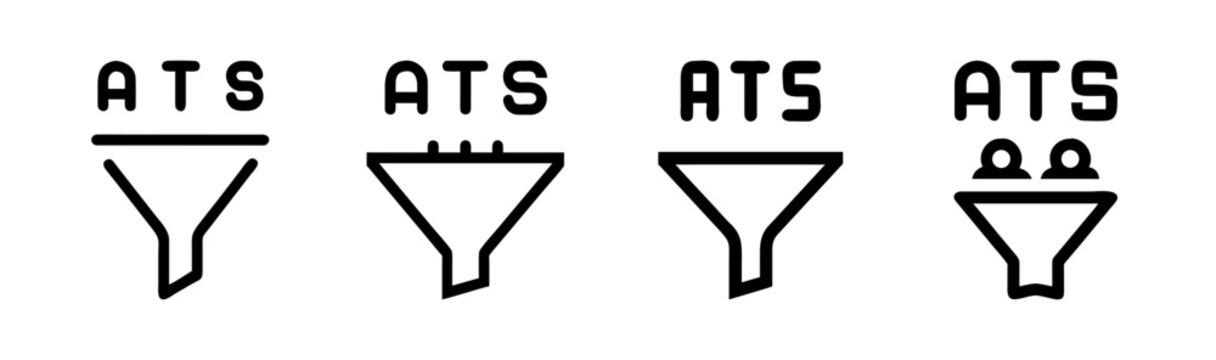 ATS Applicant Tracking System icons, recruitment funnel symbols with ATS text, hiring process and resume filtering vector set, black line icons
