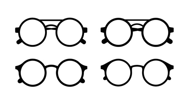 Set of four round glasses with different frame styles.