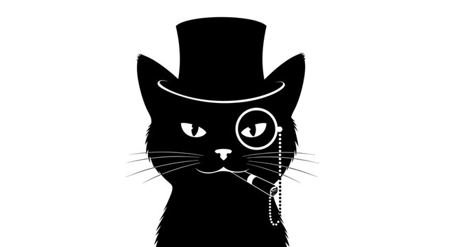 Elegant Black Cat Wearing a Top Hat and Monocle.