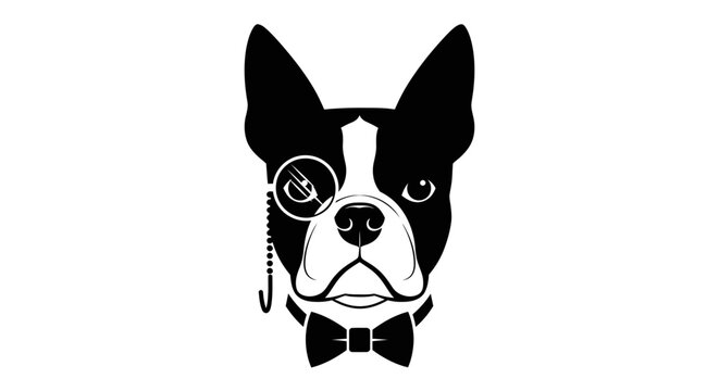 Elegant Boston Terrier dog with monocle and bow tie.
