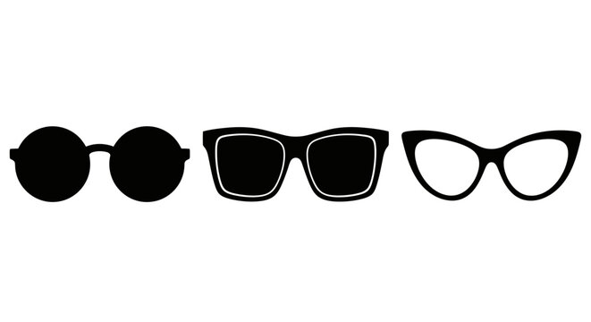 Three distinct styles of eyeglasses and sunglasses in black silhouette.