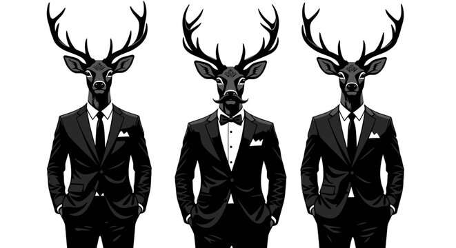 Three stylish deer in suits standing together.