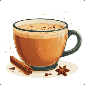 Vector illustration of hot aromatic spiced milk tea beverage with oriental spices, isolated on a white background